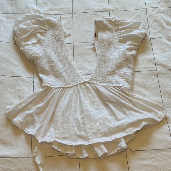 Free People Smocked Open Back Peplum Cotton Top Size M Ivory/White - Picture 1 of 4